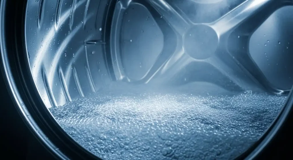 Machine à laver industrielle pleine de draps d’hôtel en cours de nettoyage à Abidjan