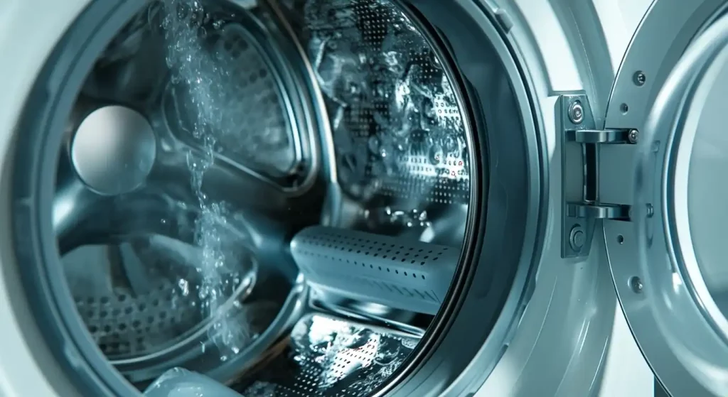 Machine à laver industrielle pleine de draps d’hôtel en cours de nettoyage à Abidjan